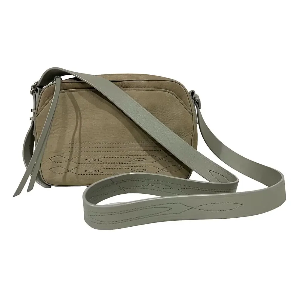 All Saints Crossbody Purse Shoulder Camera Bag Leather Taupe Gray Stitching
